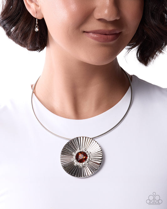 Paparazzi Tangible Trajectory - Brown Tea Gem Silver Sunburst Pendant Necklace
