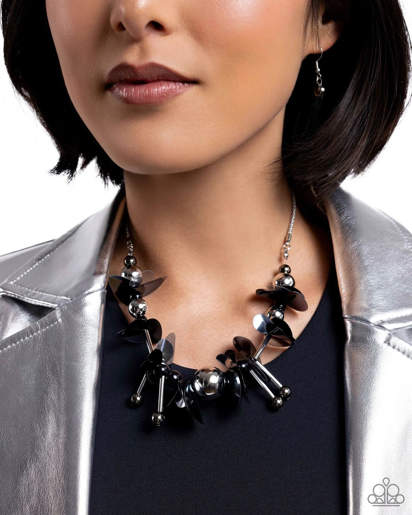 Streamlined Sequins Black Sequin Silver Necklace 2024 Summer Party Pack Exclusive Paparazzi N2512