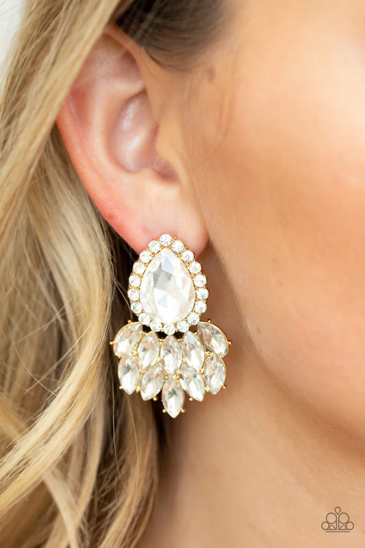 A Breath Of Fresh Heir Gold & White Teardrop Rhinestone Post Earring Paparazzi E1823