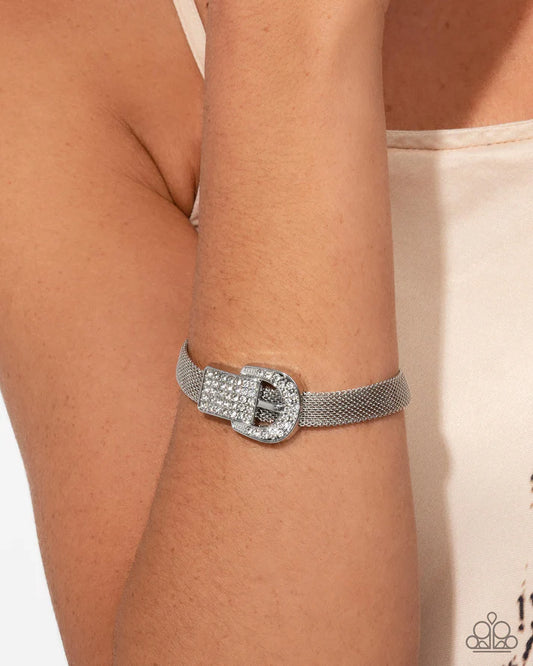 Boldly Buckled - White Rhinestone Belt Loop Accent Bracelet June 2025 Life Of The Party Paparazzi B2330