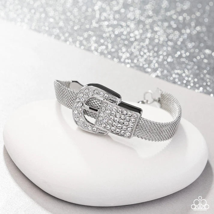 Boldly Buckled - White Rhinestone Belt Loop Accent Bracelet June 2025 Life Of The Party Paparazzi B2330