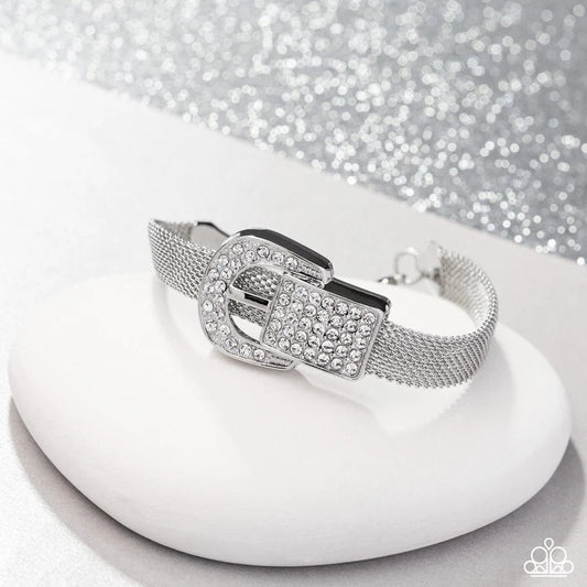 Boldly Buckled - White Rhinestone Belt Loop Accent Bracelet June 2025 Life Of The Party Paparazzi B2330