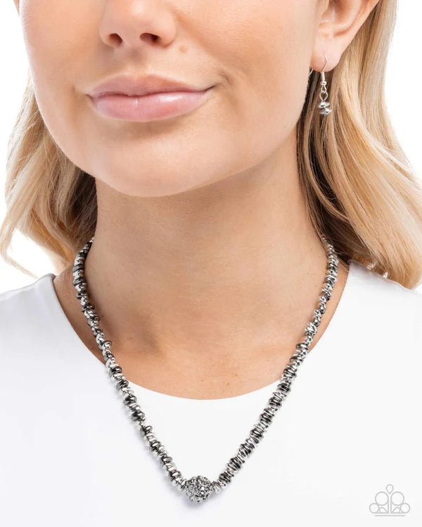 Paparazzi Bossy Bling Silver & Gunmetal Pebble Bead Hematite Rhinestone Ornament Necklace N2777