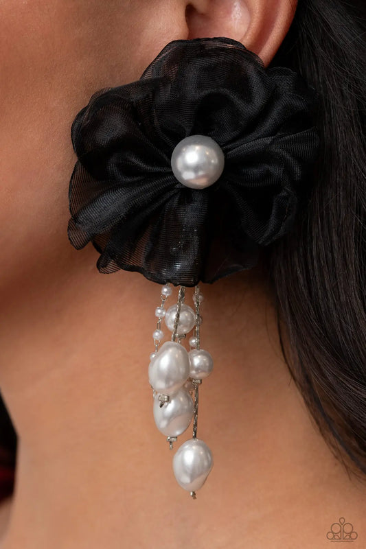 Dripping In Decadence Black Fabric Flower White Pearl Post Earring Life Of The Party September 2023 Paparazzi E1571