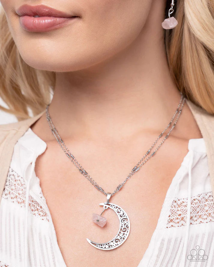 Crescent Charm Pink Natural Stone & Silver Crescent Moon Necklace Paparazzi N2594