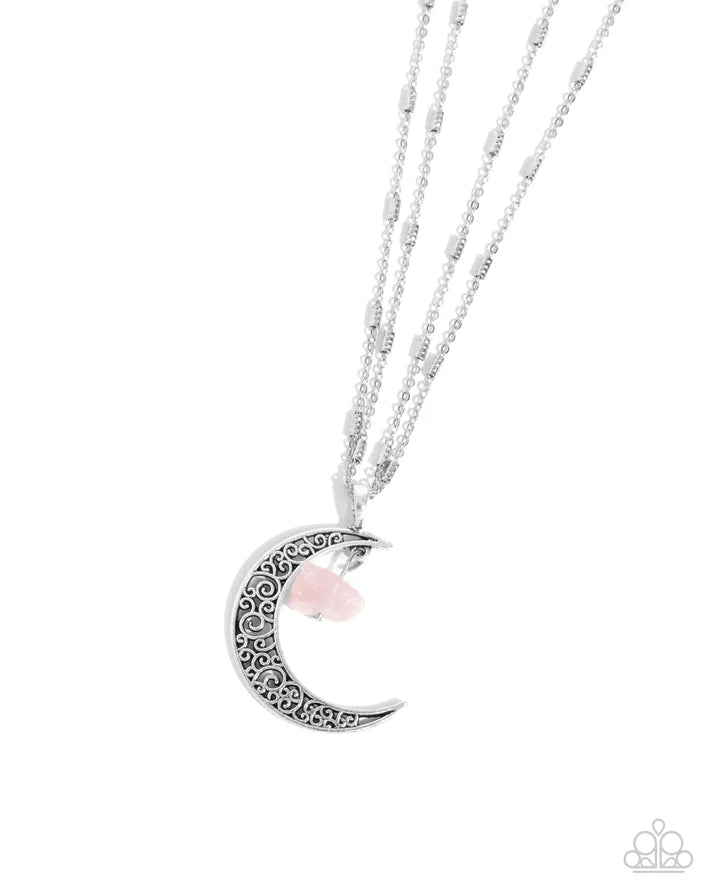 Crescent Charm Pink Natural Stone & Silver Crescent Moon Necklace Paparazzi N2594