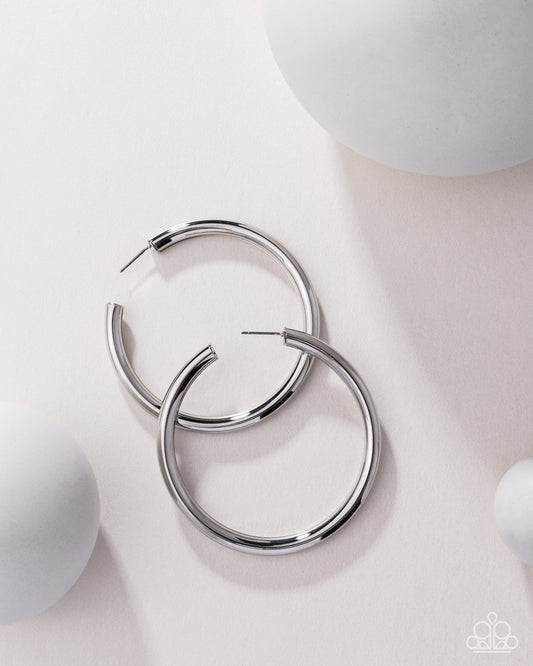 Curve Ball - Silver Blockbuster 2 1/4 Inch Hoop Earring Paparazzi