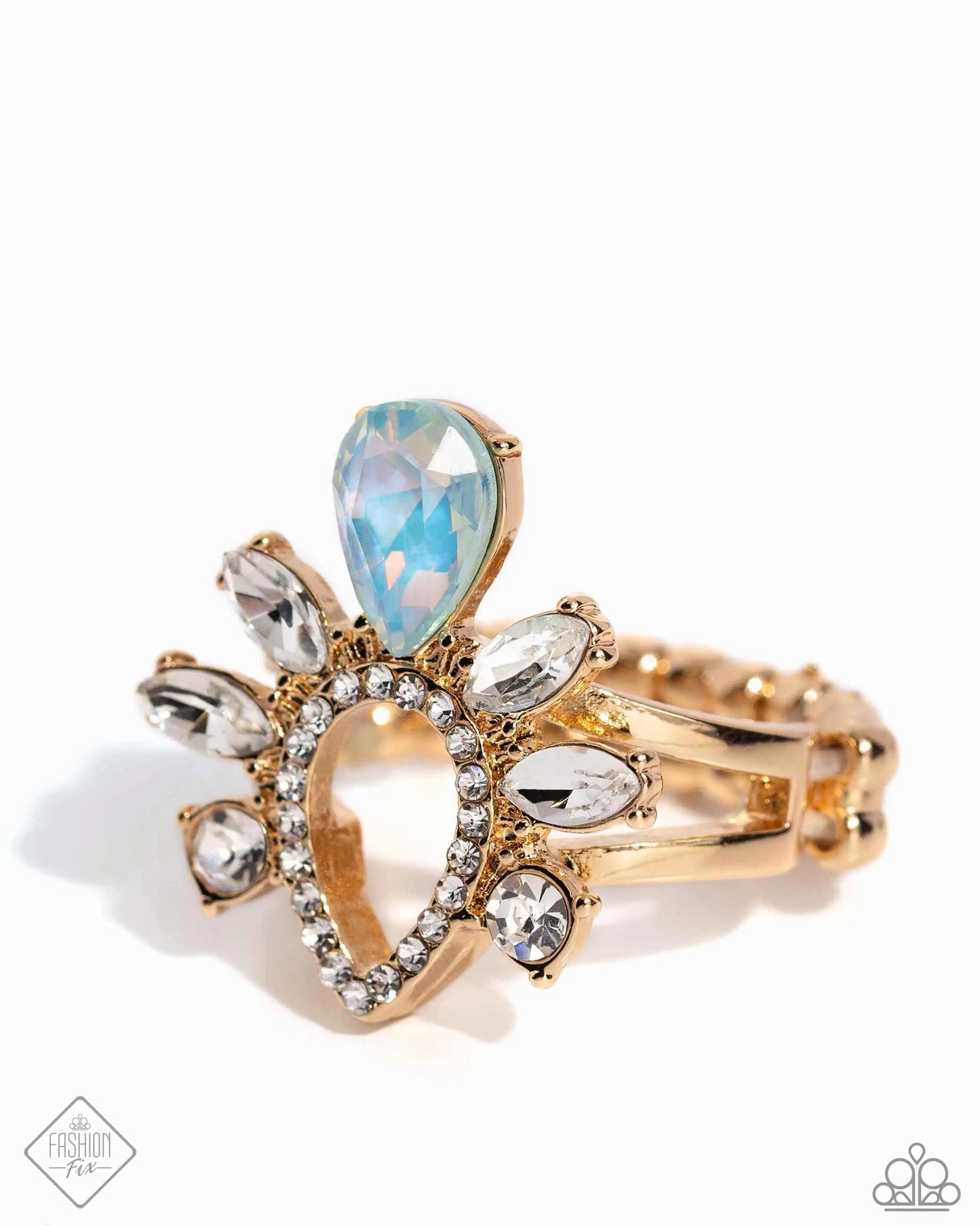 Heirloom Heaven Gold White Rhinestone & Opalescent Blue Gem Ring Fiercely 5th Avenue Fashion Fix May 2024 Paparazzi R0721