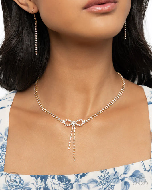 Dapper Delicacy Gold Bow & White Rhinestone Choker Necklace Paparazzi N2763