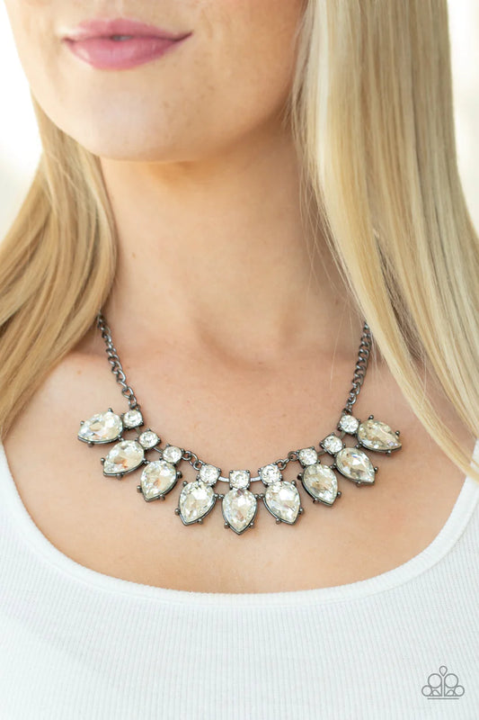 Extra Enticing Black Gunmetal & White Teardrop Rhinestone Necklace Paparazzi N2124