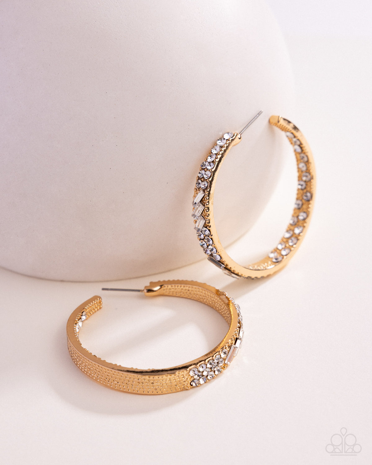 Paparazzi GLITZY By Association - Gold White Rhinestone 1 3/4 Inch Hoop Earring Blockbuster E1401