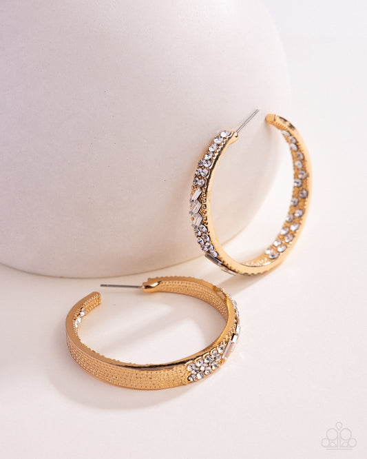 Paparazzi GLITZY By Association - Gold White Rhinestone 1 3/4 Inch Hoop Earring Blockbuster E1401