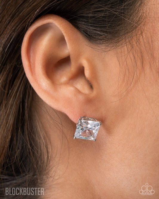 Glow Time - White Princess Cut Gem Post Blockbuster Earring Paparazzi