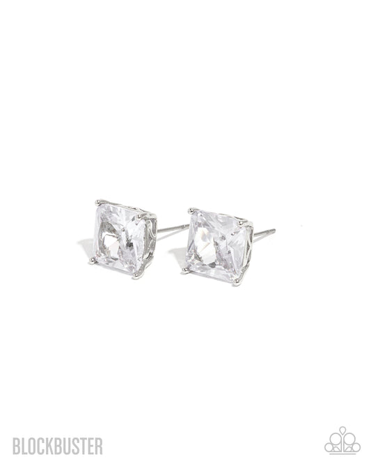Glow Time - White Princess Cut Gem Post Blockbuster Earring Paparazzi