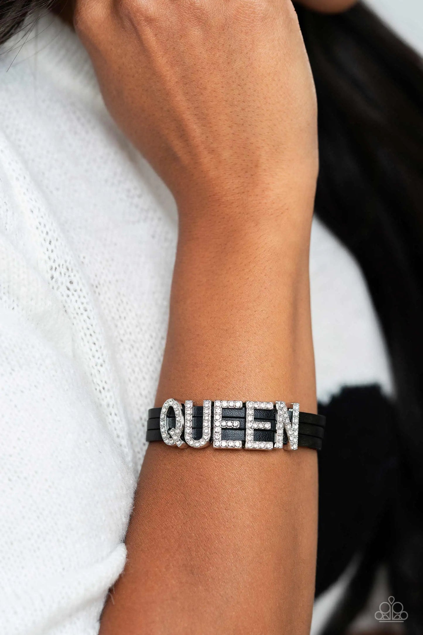 Queen Of My Life Black Leather White Rhinestone "QUEEN" Bracelet Life Of The Party November 2023 Paparazzi B1277