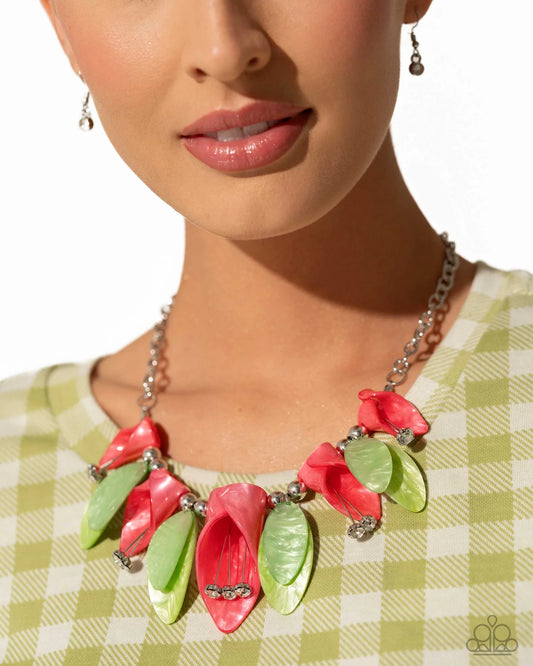 Garden Gaze Green, Coral Orange Acrylic Flower Necklace Life Of The Party June 2024 Paparazzi