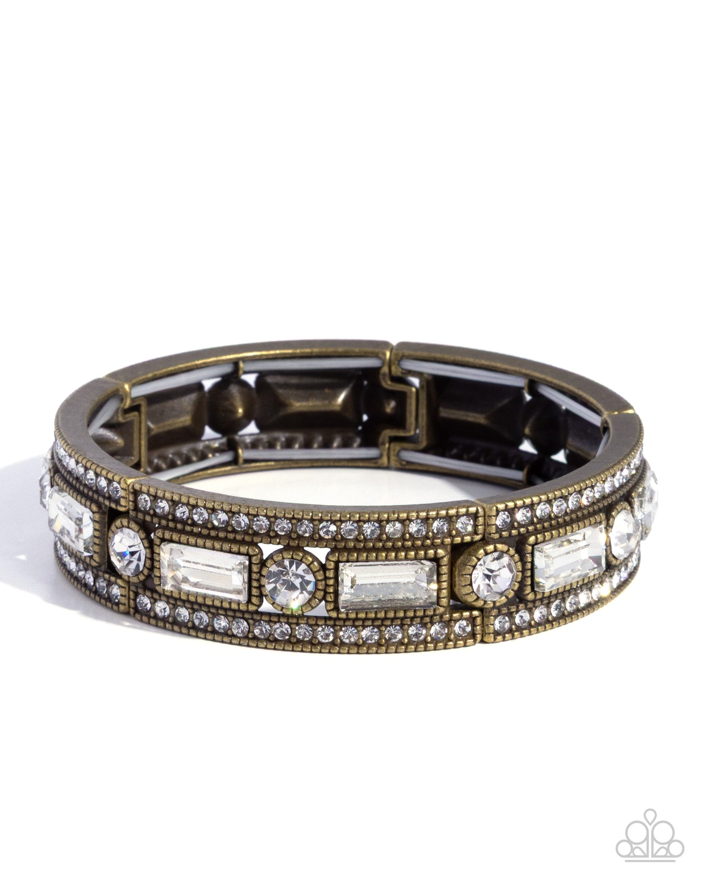 Paparazzi Twinkling Tiers Brass & White Gem Stretch Bracelet