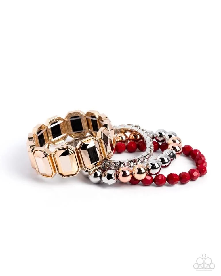 Paparazzi Outstanding Operation Red, Gold, White Gem Stretch Set of 4 Bracelet Part Of The Fall Trend Preview Pack 2026