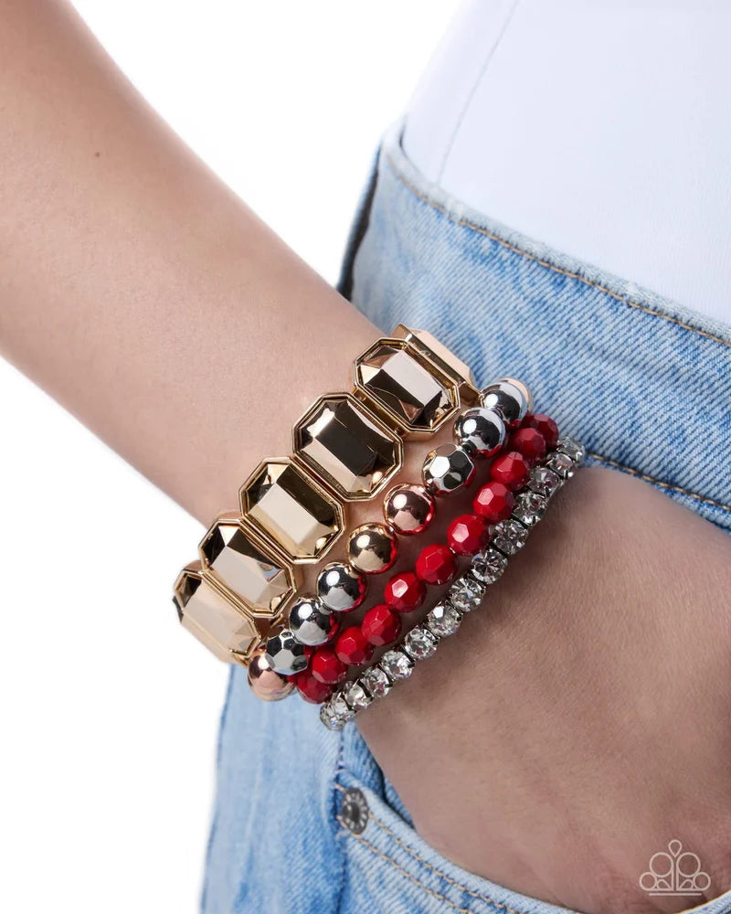 Paparazzi Outstanding Operation Red, Gold, White Gem Stretch Set of 4 Bracelet Part Of The Fall Trend Preview Pack 2026