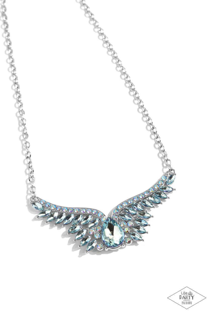 Smoldering Shimmer Blue Multi Iridescent Gem Silver Angel Wing Necklace Life Of The Party Black Diamond Encore Paparazzi N2588