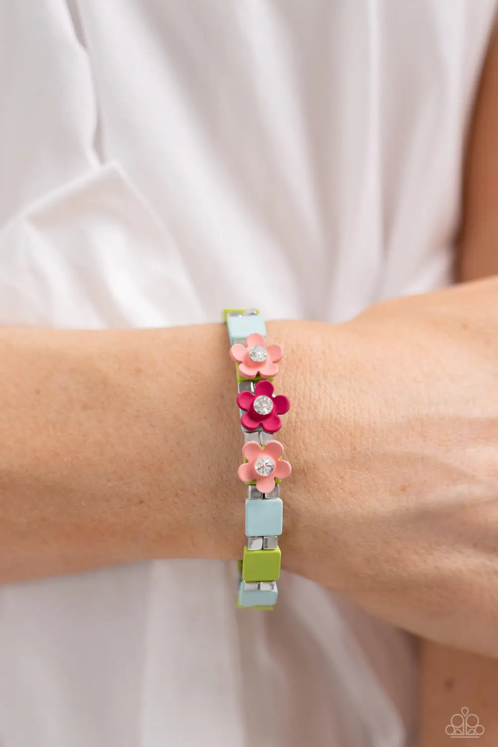 Sincerley Springtime Multi Pink Flower Green & Blue Stretch Bracelet Summer Pack 2023 Paparazzi B1282