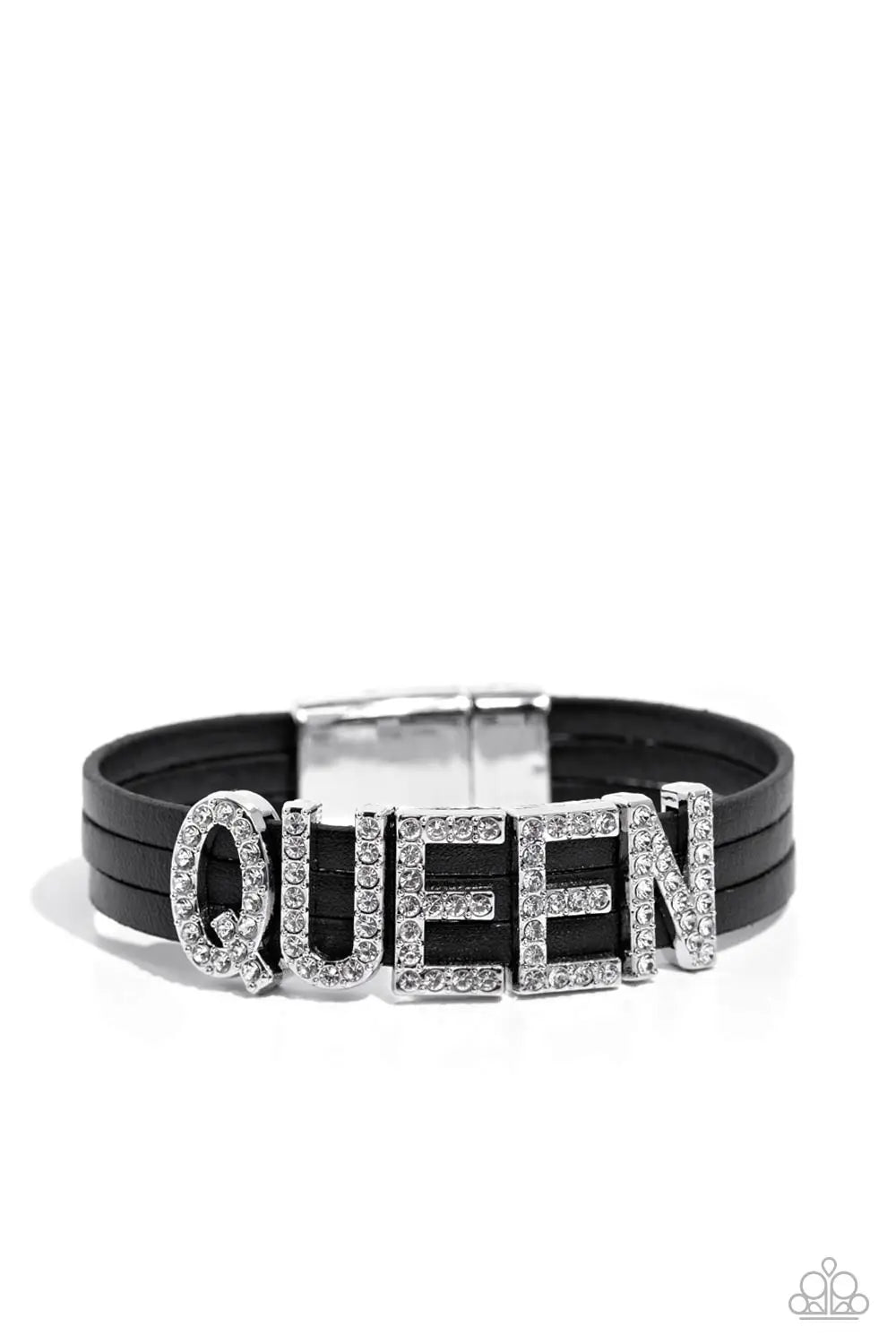 Queen Of My Life Black Leather White Rhinestone "QUEEN" Bracelet Life Of The Party November 2023 Paparazzi B1277