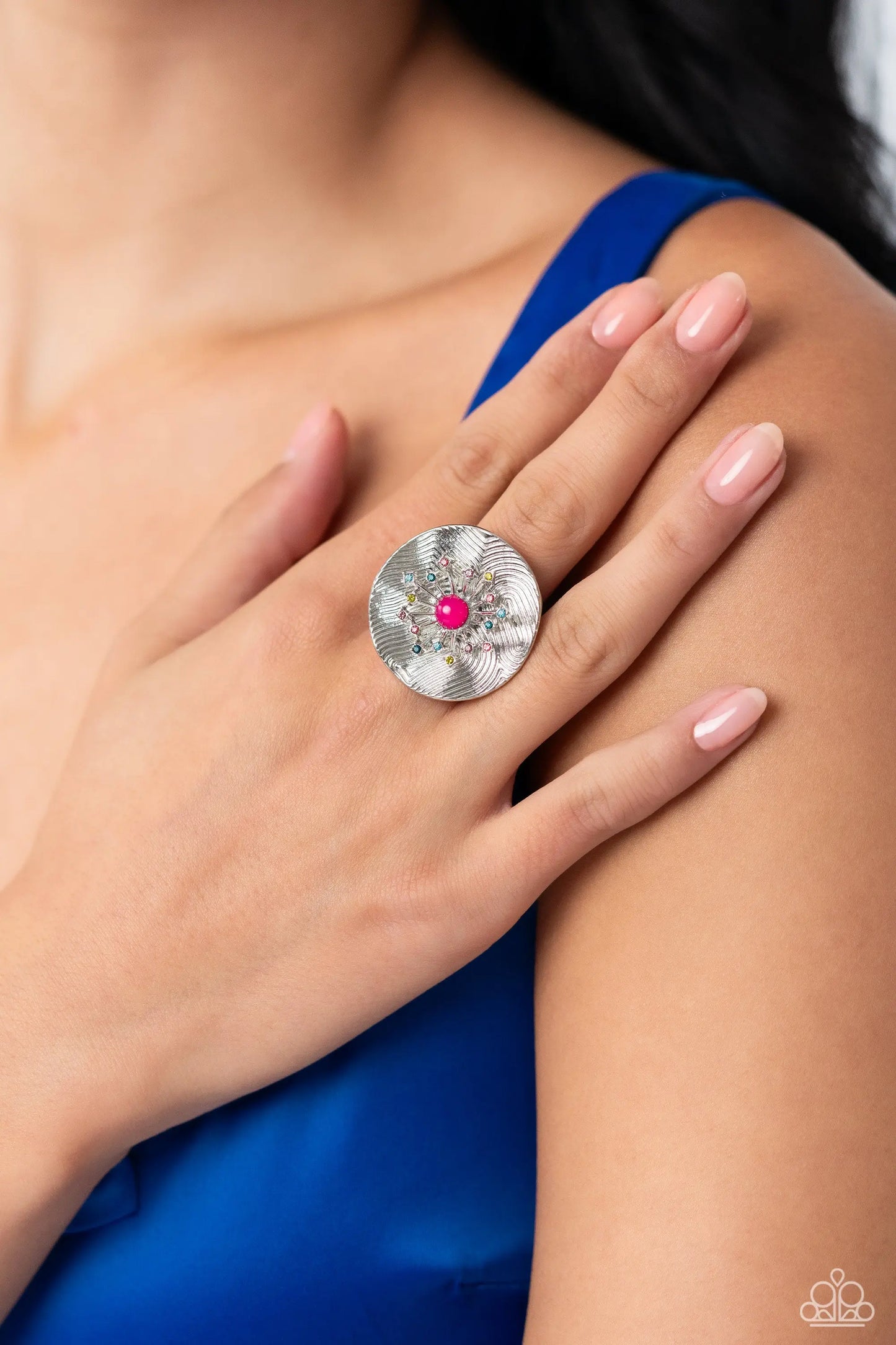 Seriously Sunburst Pink Peacock Center Pink, Blue & Olive Green Rhinestone Ring Life Of The Party October 2023 Paparazzi R0564