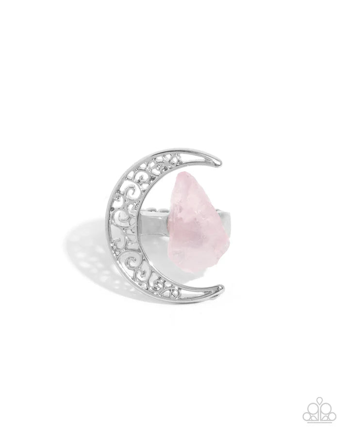 Planetary Perfection Pink Natural Stone & Silver Crescent Moon Ring Paparazzi R0817