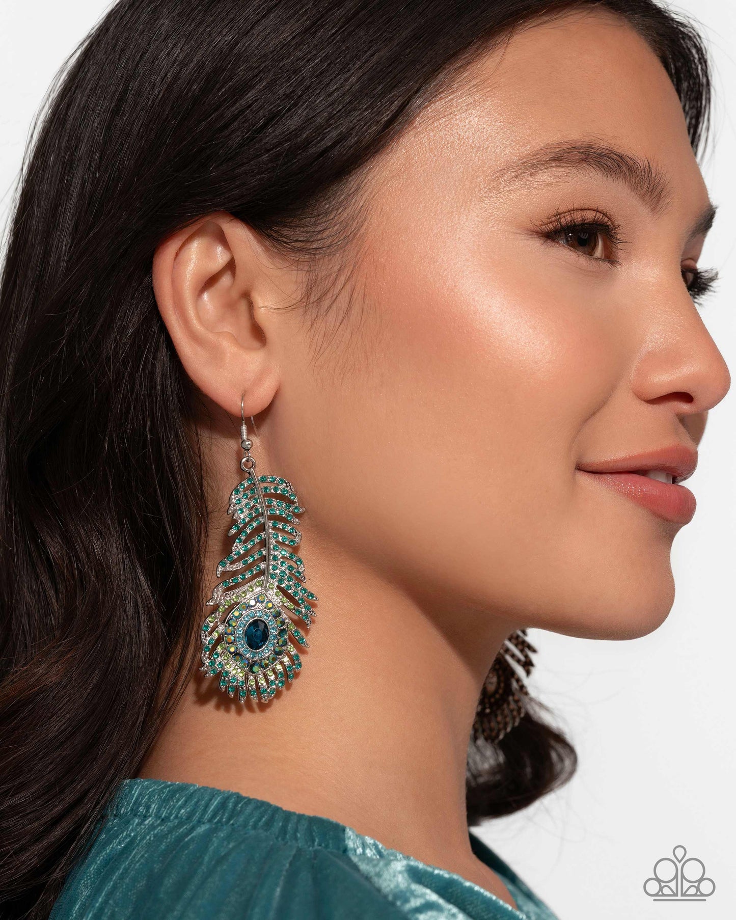 Prized Peacock - Green and Blue Rhinestone Silver Peacock Feather Earrings August 2025 Life of the Party Paparazzi E3011