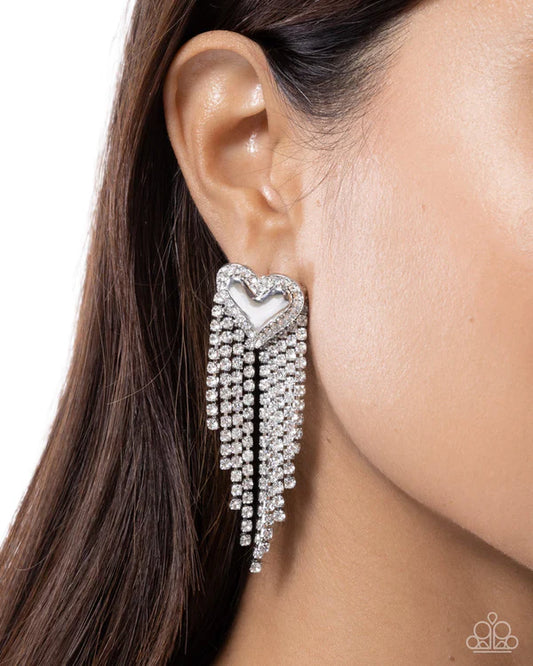 Paparazzi Sentimental Strands White Silver Heart Post Earring Gimme The Glitz 2025 E2163