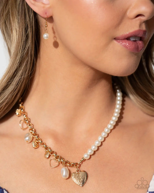 Charming Competitor - Gold & White Pearl Heart Short Necklace Paparazzi N2912