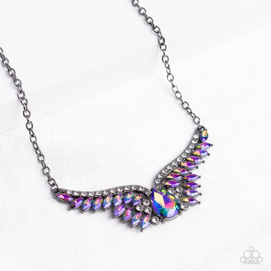 Smoldering Shimmer - Multi UV Oil Spill Angel Wings Gunmetal Short Necklace Life Of The Party Black Diamond Encore Paparazzi N2587