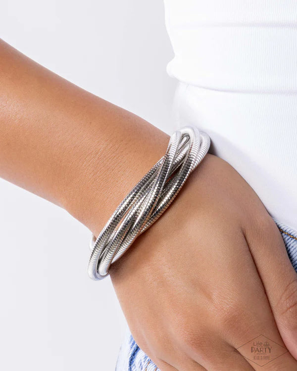 Paparazzi Stacked Severity Silver Twisted Together Snake Chain Stretch Bracelets Life Of The Party Black Diamond B2620