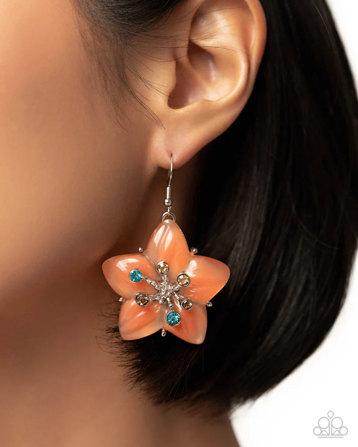 Summer Sprigs Orange Glassy & Light Peach Rhinestone Flower Earring 2024 Summer Party Pack Paparazzi E2284