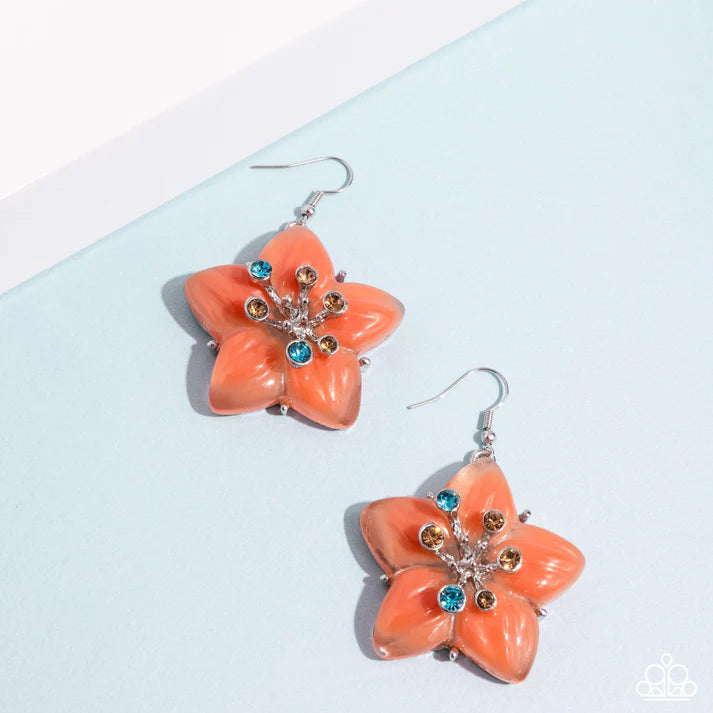 Summer Sprigs Orange Glassy & Light Peach Rhinestone Flower Earring 2024 Summer Party Pack Paparazzi E2284