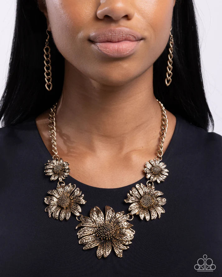 Sunflower Spring Gold - Antiqued Gold Flower Statement Necklace Paparazzi N3487