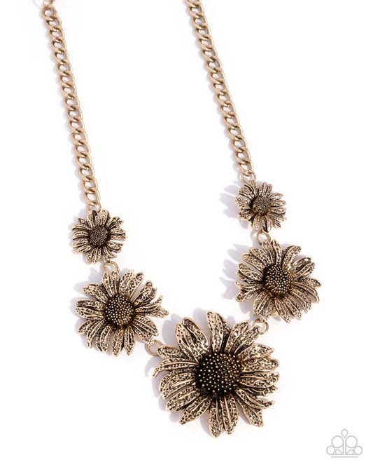 Sunflower Spring Gold - Antiqued Gold Flower Statement Necklace Paparazzi N3487