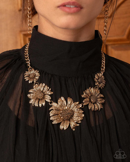 Sunflower Spring Gold - Antiqued Gold Flower Statement Necklace Paparazzi N3487