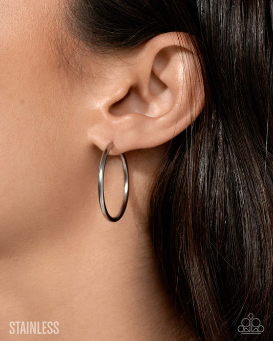 Surmounting Sheen Silver Stainless Steel Hoop Earring Life Of The Party October 2025 Paparazzi