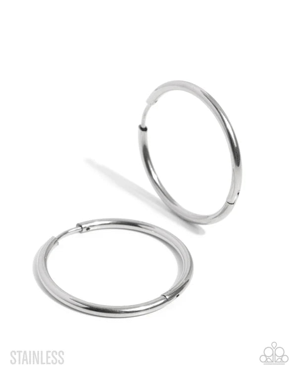 Surmounting Sheen Silver Stainless Steel Hoop Earring Life Of The Party October 2025 Paparazzi