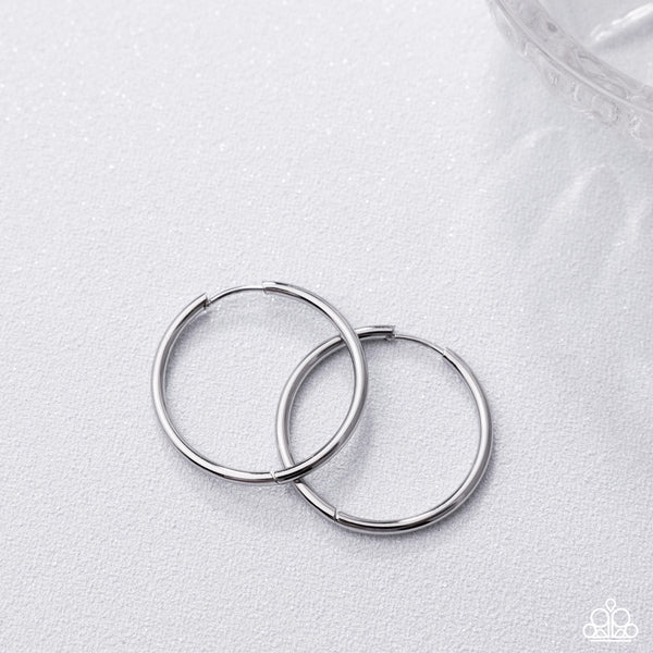 Surmounting Sheen Silver Stainless Steel Hoop Earring Life Of The Party October 2025 Paparazzi