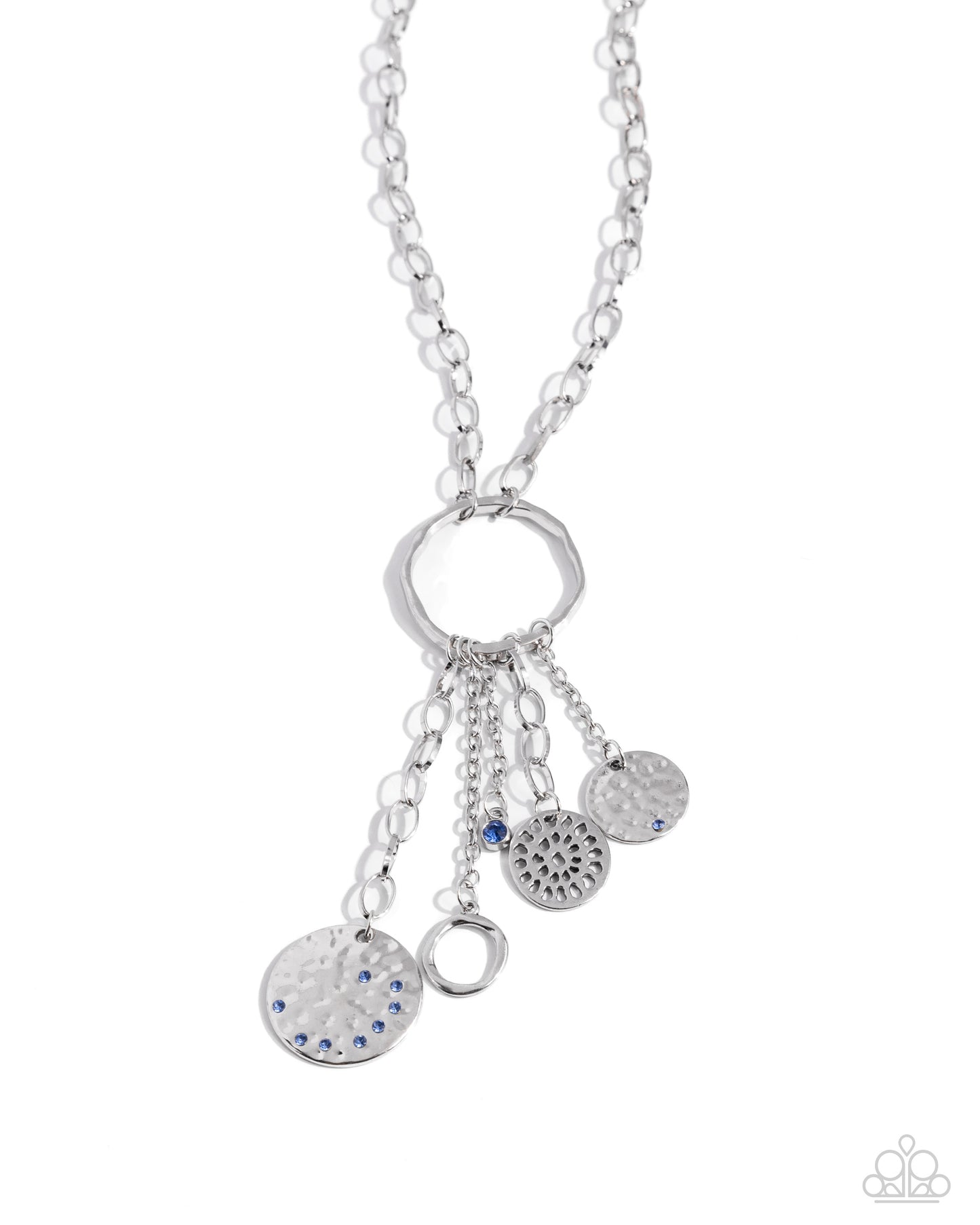 Paparazzi Trinket Twinkle - Blue Rhinestone Silver Hammered Round Disc Necklace N1032
