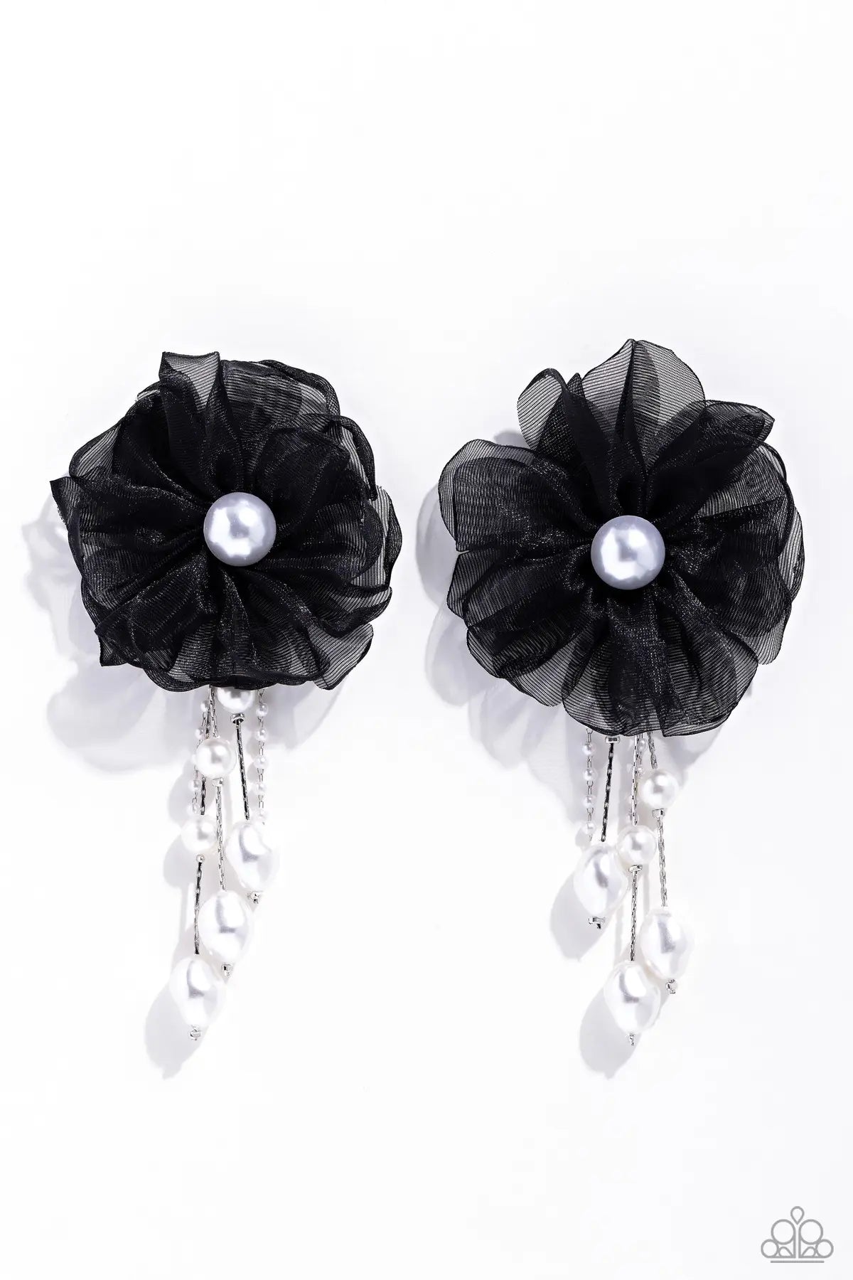 Dripping In Decadence Black Fabric Flower White Pearl Post Earring Life Of The Party September 2023 Paparazzi E1571