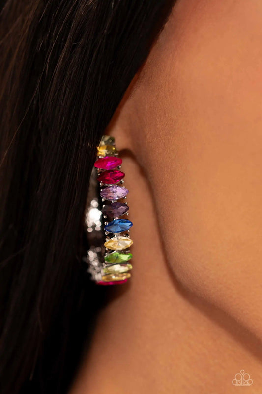 Rainbow Range Multicolor Gem 1 1/2 Inch Silver Hoop Earring Life Of The Party November 2023 Paparazzi E1579