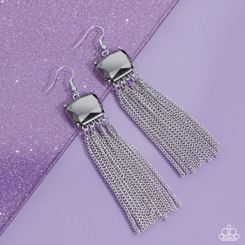 Dreaming Of TASSELS Silver Hematite Earring Gimme The Glitz 2024 Paparazzi E1819