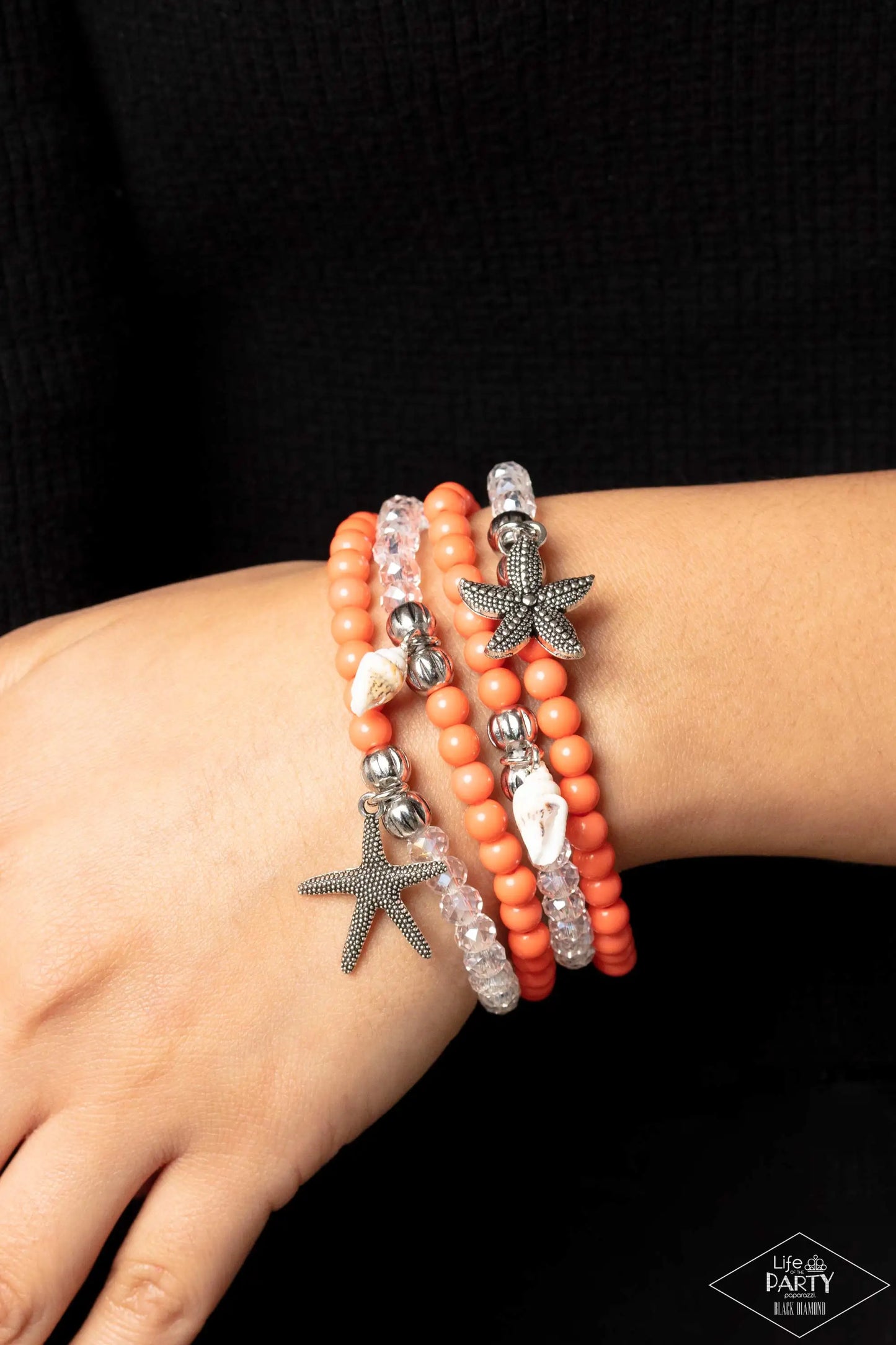 Ocean Breeze Orange Starfish Seashell  Bracelet Set Life Of The Party Black Diamond Encore Paparazzi B1227