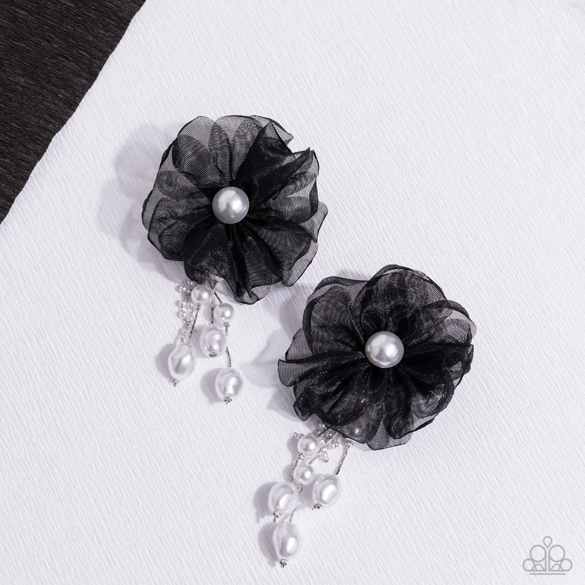 Dripping In Decadence Black Fabric Flower White Pearl Post Earring Life Of The Party September 2023 Paparazzi E1571