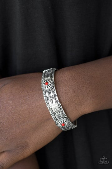 Southern Borders Red Bead Silver Frame Stretch Bracelet Santa Fe Style Paparazzi B0010
