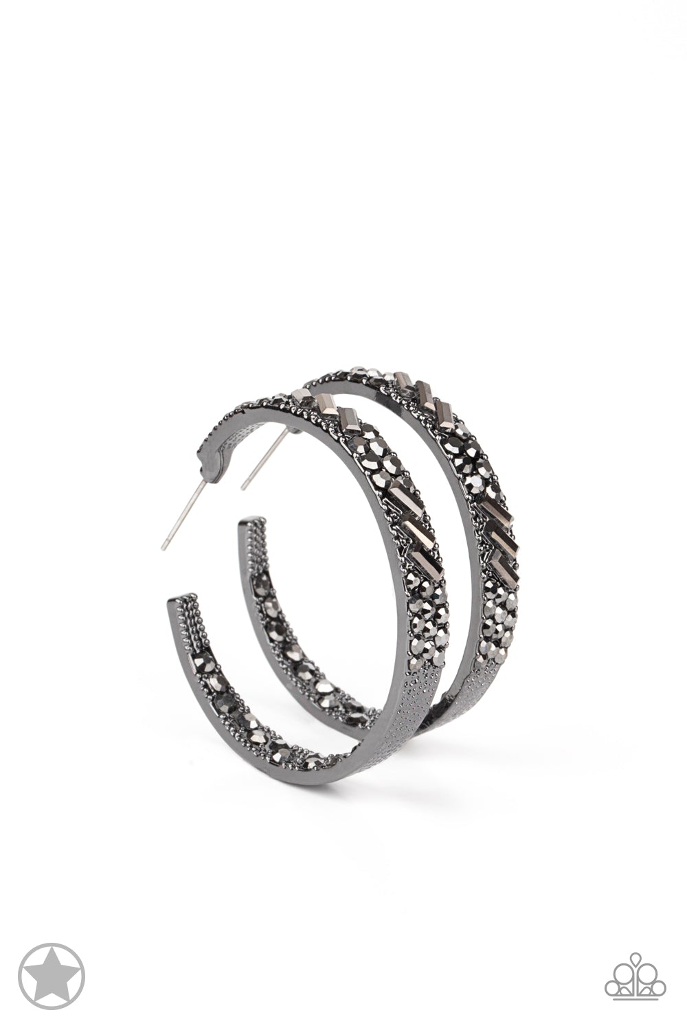 Glitzy by Association Black Gunmetal Hematite Rhinestone Blockbuster 1 3/4 Inch Hoop Earring Paparazzi E0025