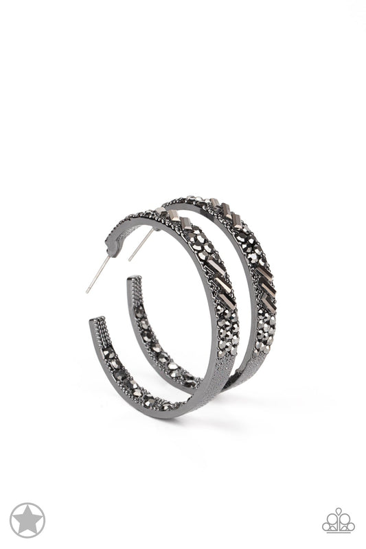 Glitzy by Association Black Gunmetal Hematite Rhinestone Blockbuster 1 3/4 Inch Hoop Earring Paparazzi E0025